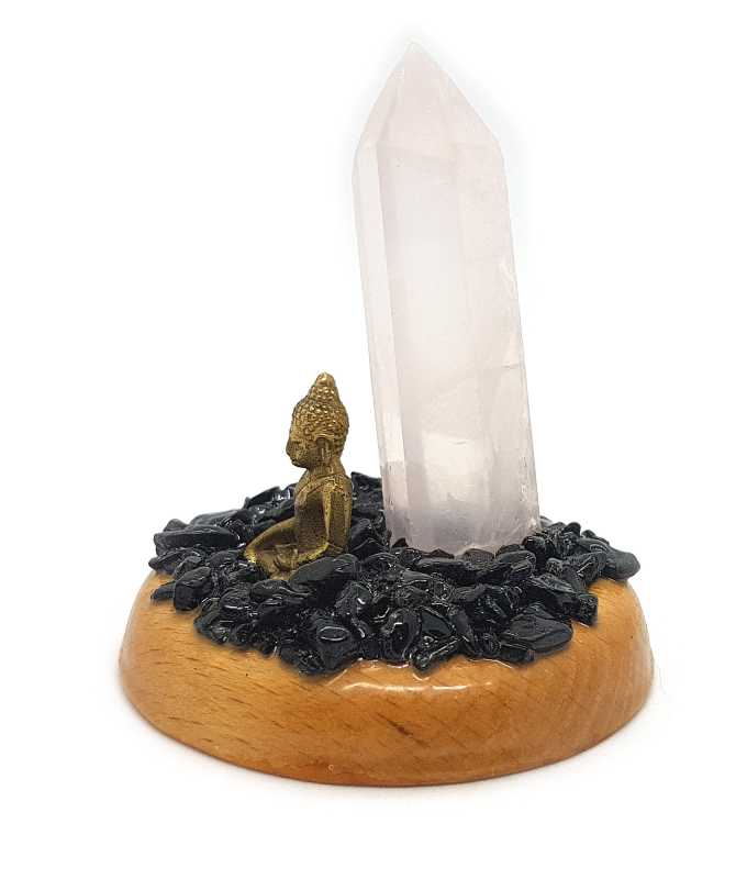 Buddha mit Rosenquarz Spitze und Onyx in Holzgefäß